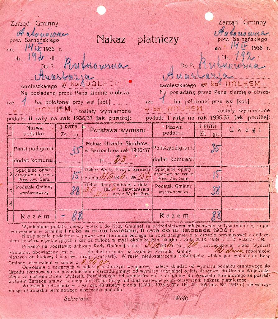 KKE 3536.jpg - Dokument. Anastazja Rutkowska podatek, Dołhe, 1936 r.